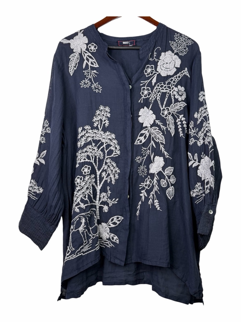 Johnny Was Workshop Osiris Voyager Tunic Top Blouse Blue Embroidered Boho XL
